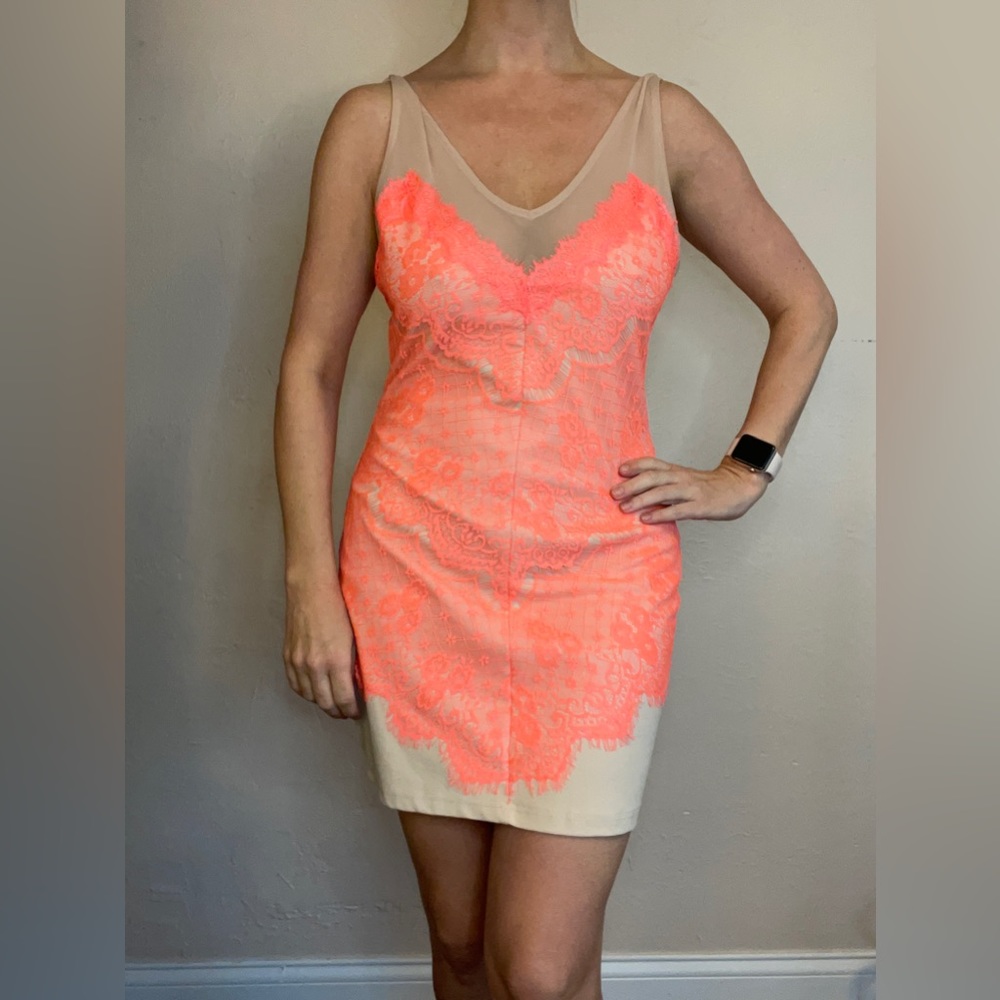 Coral lace nude mesh party dress
